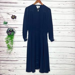 Vintage Andrea Gayle Navy Blue Long Sleeve Secretary Dress Pockets Size 6 Small